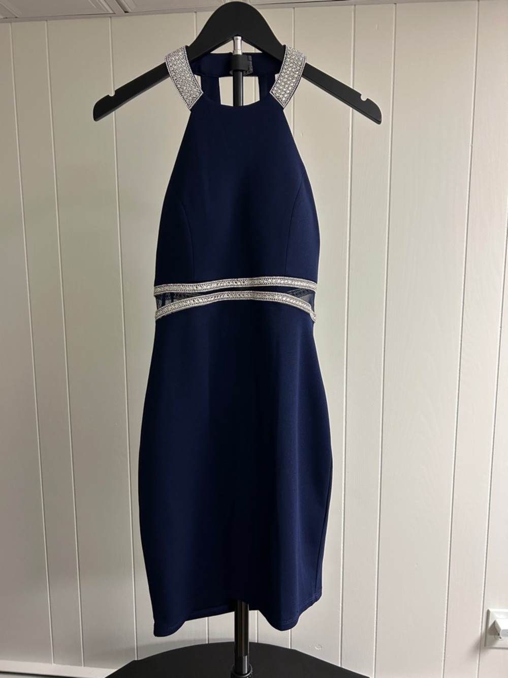 My Michelle Navy One-Shoulder Cocktail Dress with Silver Embellishment